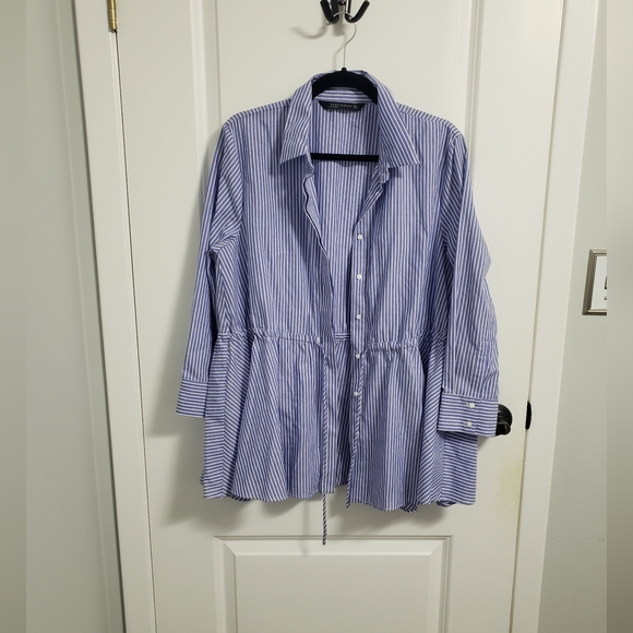 ZARA Blue and White Striped Peplum Button-Up Blouse - Picture 2 of 7